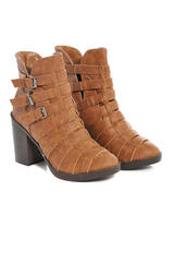 Woven Strapped Ankle Block Heel Boots in Tan