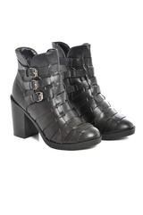 Woven Strapped Ankle Block Heel Boots in Black